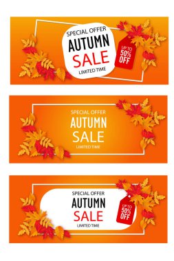 Yaprakları ve sonbahar sezonu olan sonbahar indirimi afişi, vektör illüstrasyonu