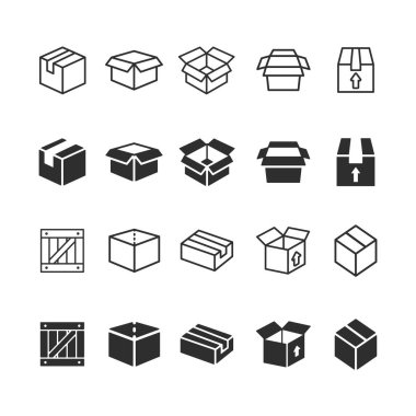 kutu simgeleri vektörü. Beyaz arkaplanda ince çizgi biçiminde karton kutular.