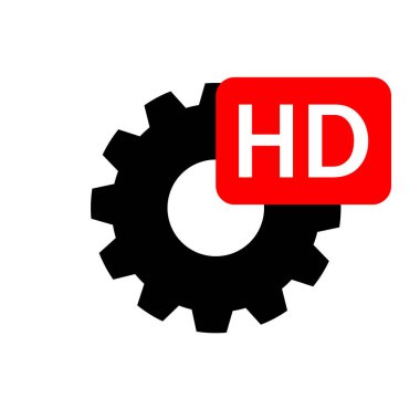 Yüksek çözünürlüklü video mesajı olan vites levhası. HD biçim simgesi. Yüksek çözünürlüklü dişli simgesi. Vektör illüstrasyonu beyaz arkaplanda izole edildi.