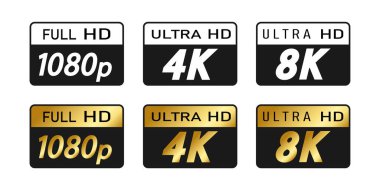 Siyah, beyaz ve altın renkli video veya ekran çözünürlüğü simgeleri. 1080p 'den 8k' ye ayarlayın