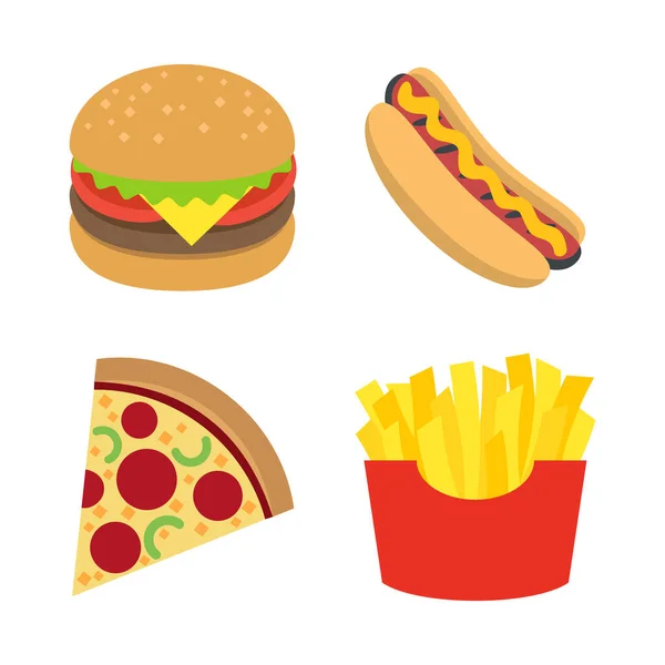 Fast Food Icons Set French Fries Hotdog Hamburger Pizza — Stock Vector