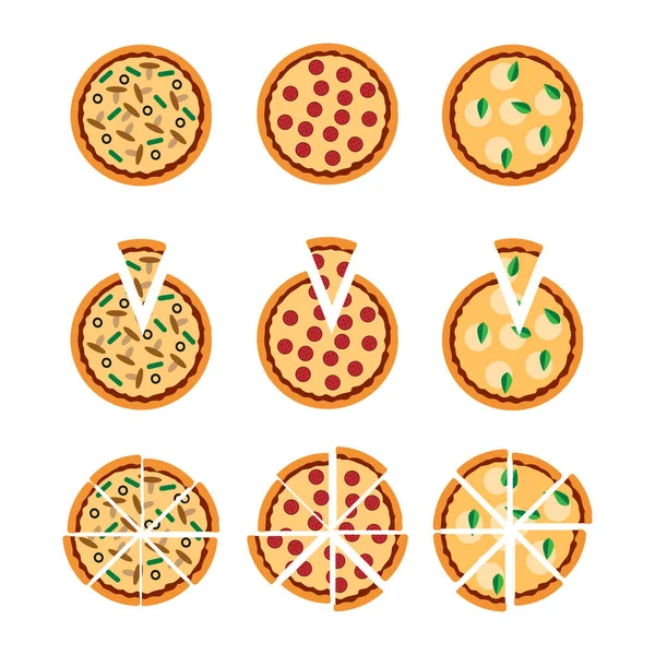 Finom Pizza Készlet Vektor Illusztráció Fehér — Stock Vector