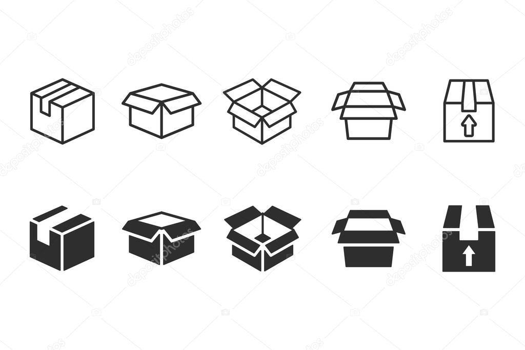 box icons vector. set of cardboard boxes in thin line style on white background.