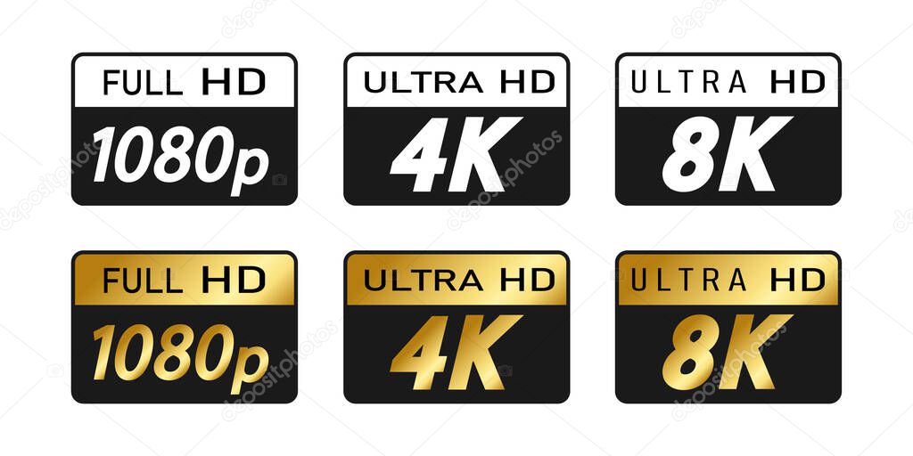 Black, white and golden video or screen resolution icons. Set from 1080p to 8k