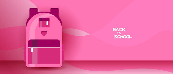 Back to school web banner, background or wallpaper. Colorful kid backpack illustration. Student pink bag in flat style. Vector EPS 10