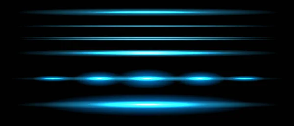 ブルー水平レンズフレアパック レーザービーム 水平光線 美しい光のフレア 暗い背景の上に光る縞 ベクトルEps — ストックベクタ