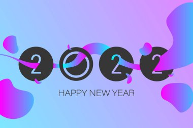 2022 Mutlu Yıllar logosu modern tarzda yazılmış. Elementlerle birlikte neon kıvrımlı dalgalı çizgi. Siyah arkaplan üzerine modern şablon çizimi. Vektör EPS 10.