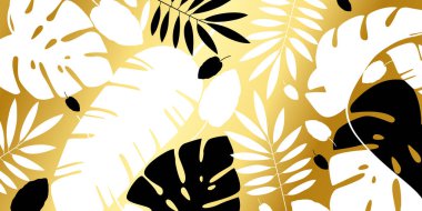 Soyut tropikal altın kapak tasarımı. Egzotik yaprak, palmiye ve muz ağacının altın resimli çiçek arkaplanı. Zarif vektör broşürü. EPS10