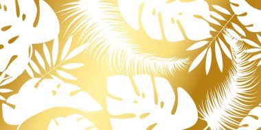 Soyut tropikal altın kapak tasarımı. Egzotik yaprak, palmiye ve muz ağacının altın resimli çiçek arkaplanı. Zarif vektör broşürü. EPS10