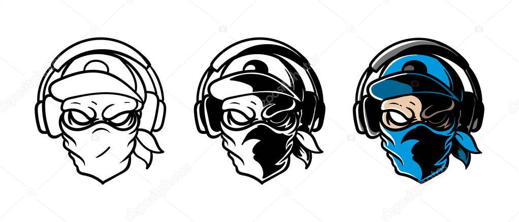 A skull in a cap and a bandana is listening to music. Music in headphones. Sticker, logo or sign. Vector illustration isolated on white background. EPS 10.