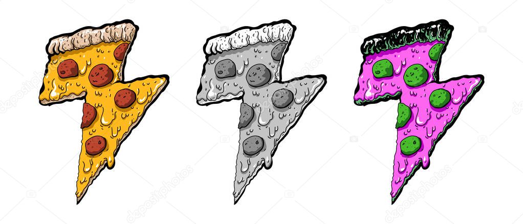 Set of Thunder cheesy pizza slice stickers vector illustration isolated on white background. EPS 10