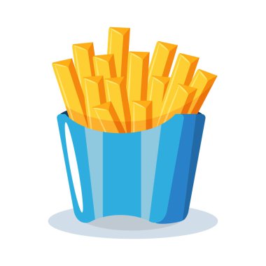 Renkli kağıt kutuda patates kızartması, restoran menüsü için abur cubur. Fast food vektör simgesi beyaz arkaplanda izole edildi.