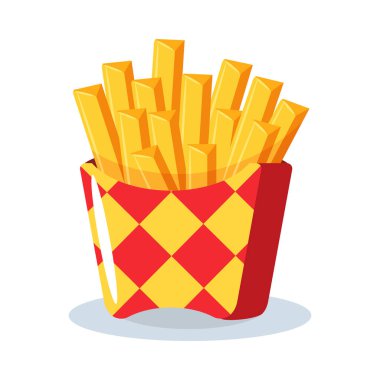 Renkli kağıt kutuda patates kızartması, restoran menüsü için abur cubur. Fast food vektör simgesi beyaz arkaplanda izole edildi.