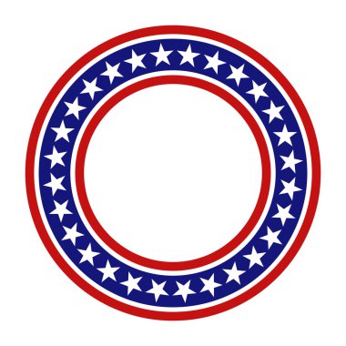Amerikan bayrağı renginde yıldızlar ve çizgilerle vatansever yuvarlak çerçeve. ABD simgesi ve Vektör illüstrasyonu beyaz arkaplanda izole edildi.