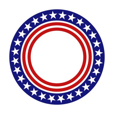 Amerikan bayrağı renginde yıldızlar ve çizgilerle vatansever yuvarlak çerçeve. ABD simgesi ve Vektör illüstrasyonu beyaz arkaplanda izole edildi.