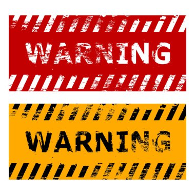 Kırmızı ve sarı uyarı şeritli Grunge uyarı pankartları, endüstriyel güvenlik işaretleri ve sıkıntılı doku. Vektör illüstrasyonu beyaz arkaplanda izole edildi.