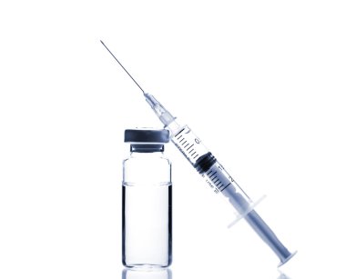 Glass Medicine Vial and Syringe on white background clipart
