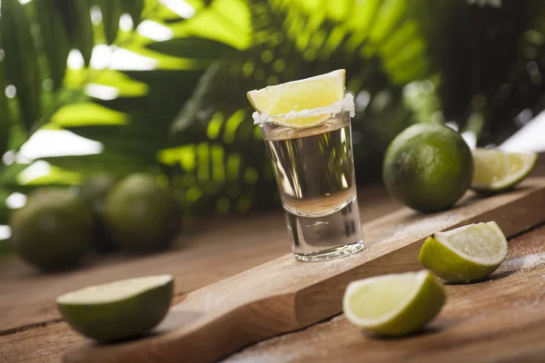 Tequila de oro con frutas de lima — Foto de Stock