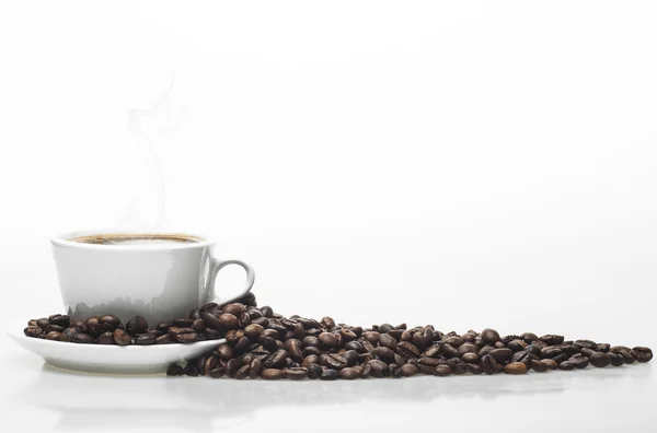 Vit kopp med kaffebönor — Stockfoto