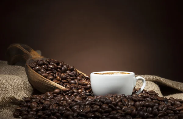 White cup with coffee beans on dark background — Stock Photo, Image