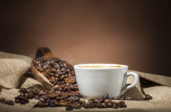 Vit kopp med kaffebönor — Stockfoto