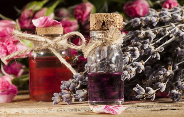 Ätherisches Öl aus Rose und Lavendel — Stockfoto