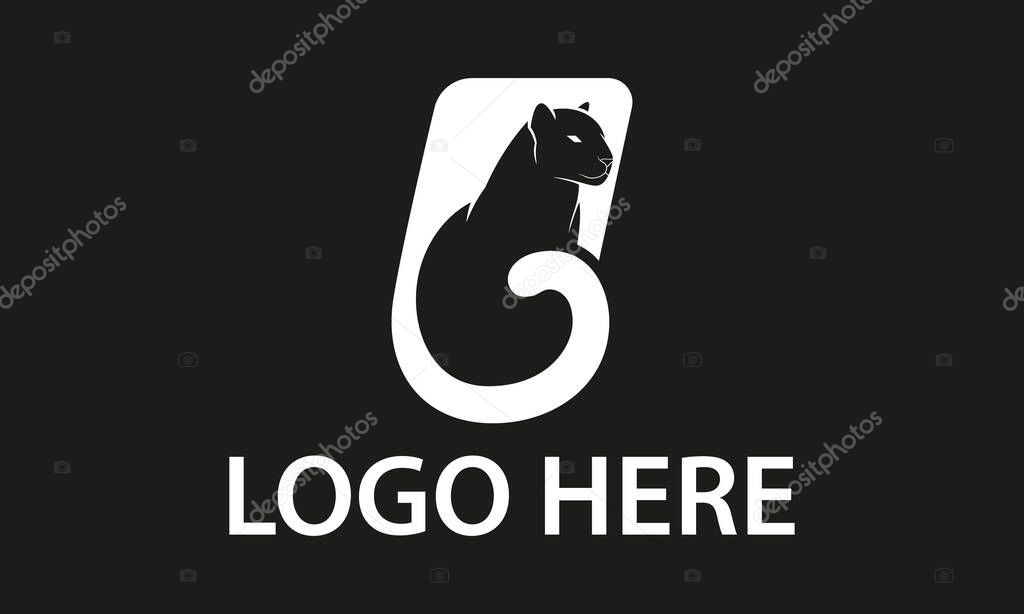 Face panther, crawling in the dark. white line art on the black background.