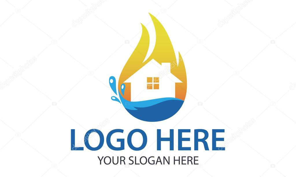 Fire Blue Water Drop Negative Space House Building Logo Design Concept