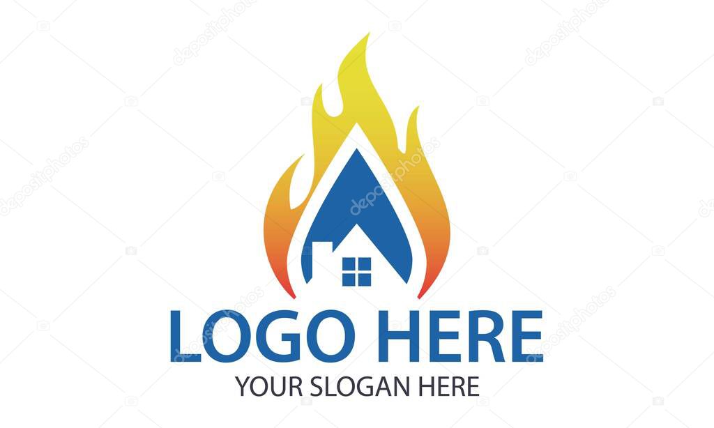 Fire Blue Water Drop Negative Space House Building Logo Design Concept