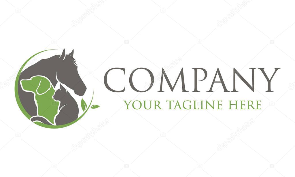 Green and Grey Color Dog cat Horse Circle with Leaf Logo Design