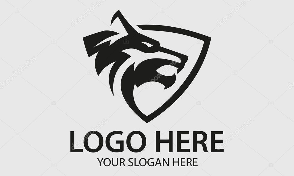 Black and White Color Wolf Head with Shield Logo Design