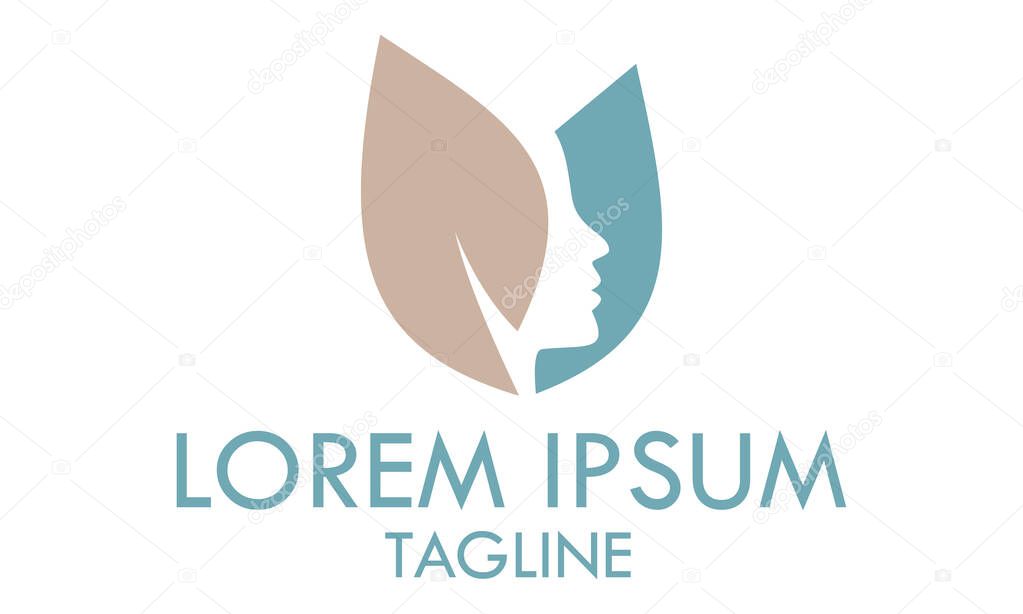 Green Color Simple Leaf Growth Eco Nature with Negative Space Woman Head Logo Design