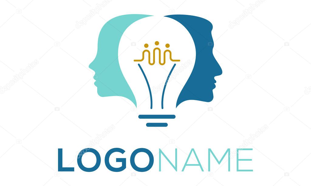 Blue Color Negative Space Light Bulb with Two People Logo Design
