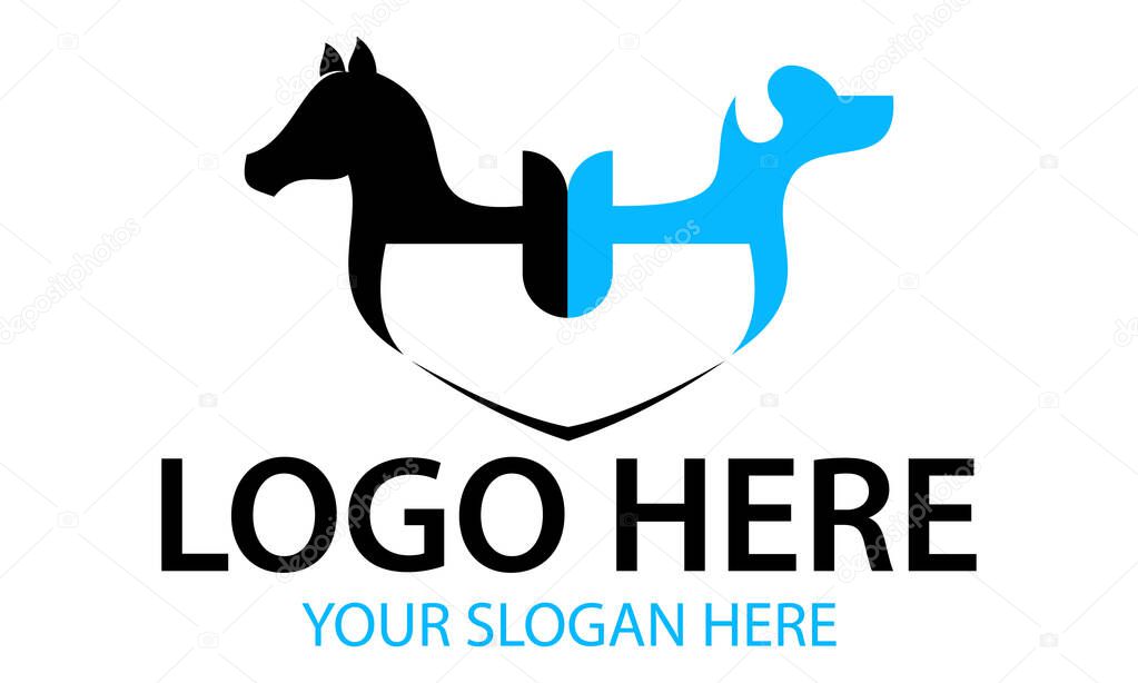 Black and Blue Color Horse and Dog Initial Letter V Shield Logo Design