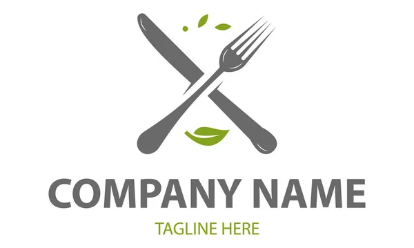 Gray Color Fork Knife Green Leaf Logo Design — Stock Vector