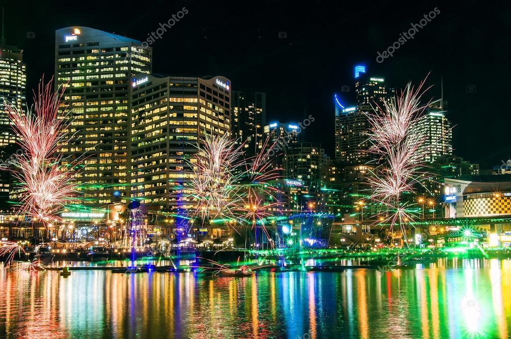 Sydney Darling Harbour with Fireworks — Stock Photo © weilinlu 74282269