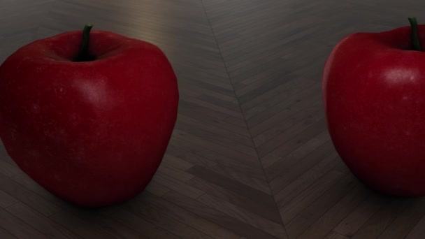 Manzanas rojas frescas tumbadas sobre una mesa de madera — Vídeos de Stock