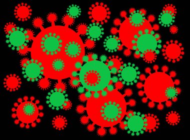 Coronavirus illistasyon kırmızı ve yeşil hücreler siyah arka planda farklı boyutlarda