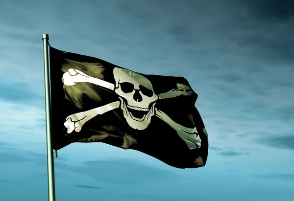 Bandera pirata de cráneo y huesos cruzados ondeando en el viento —  Fotos de Stock