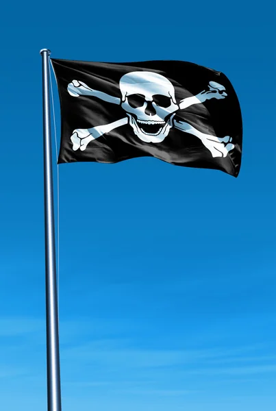 Bandera pirata de cráneo y huesos cruzados ondeando en el viento —  Fotos de Stock