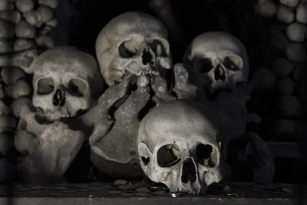 Skulls and bones in the bone chapel in Kutna Hora 图库照片