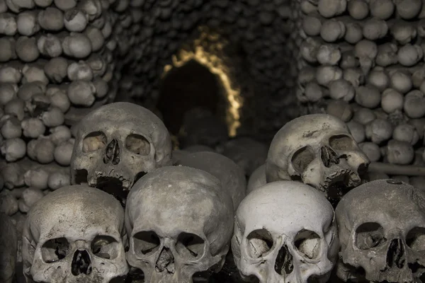 Skulls and bones in the bone chapel in Kutna Hora 图库图片