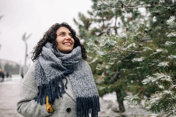 Uśmiechnięta Młoda Kobieta Stoi Ośnieżonym Zimowym Parku Kobieta Szarym Płaszczu — Zdjęcie stockowe