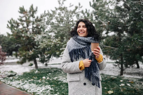 Pelerin Mavi Eşarp Giyen Genç Bir Kadın Kış Karlı Parka — Stok fotoğraf