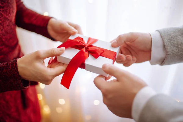 Valentine Day Concept Giftbox Red Ribbon Hands Loving Couple Give — Stock Photo, Image