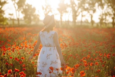 Tarlada kırmızı gelincik çiçeklerinin arasında yürüyen bir kızın arka planı. Genç kadın kendini mutlu hissediyor ve haşhaş tarlasının ortasında özgürlüğün tadını çıkarıyor. Bahar ve gün batımı kavramı