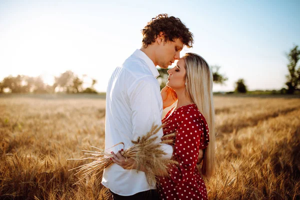 Hombre Mujer Atardecer Campo Trigo Una Pareja Amorosa Abraza Atardecer — Foto de Stock