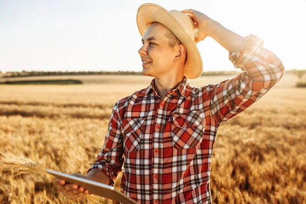 藁帽子の若い農家の肖像画は 熟した小麦畑の真ん中に彼の手にタブレットで立っています 農業のための作物の品質と成長をチェックする白人男性 — ストック写真