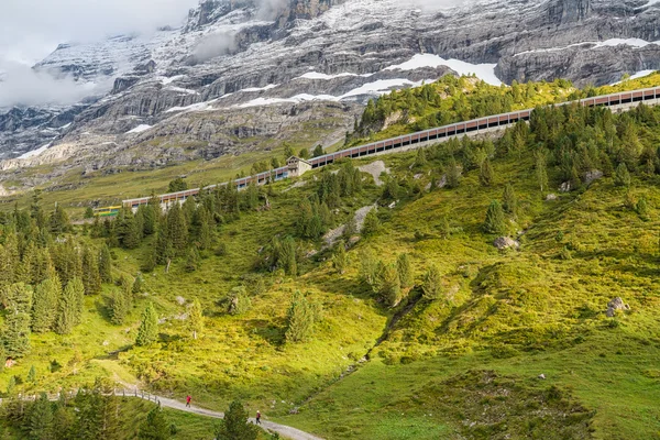 Randonneurs traversant un sentier dans les Alpes suisses — Photo