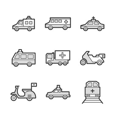Tıbbi ambulans araba ve tren Icons set